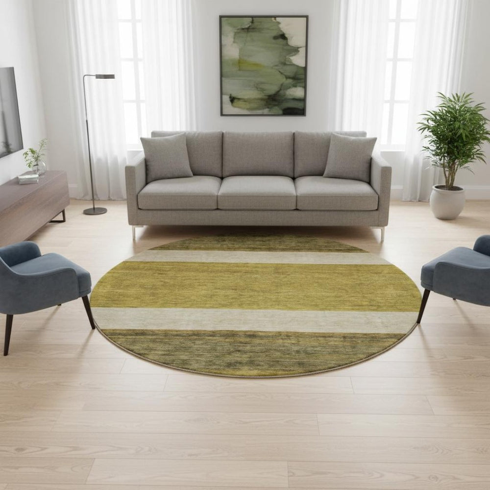 HomeRoots 8' Gold, Ivory & Gray Striped Washable Round Rug - UV Protected, Durable & Family-Friendly Decor Piece 695105