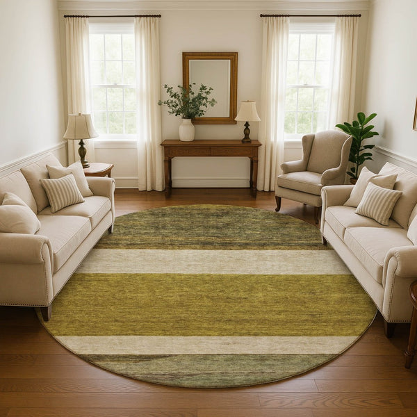 HomeRoots 8' Gold, Ivory & Gray Striped Washable Round Rug - UV Protected, Durable & Family-Friendly Decor Piece 695105