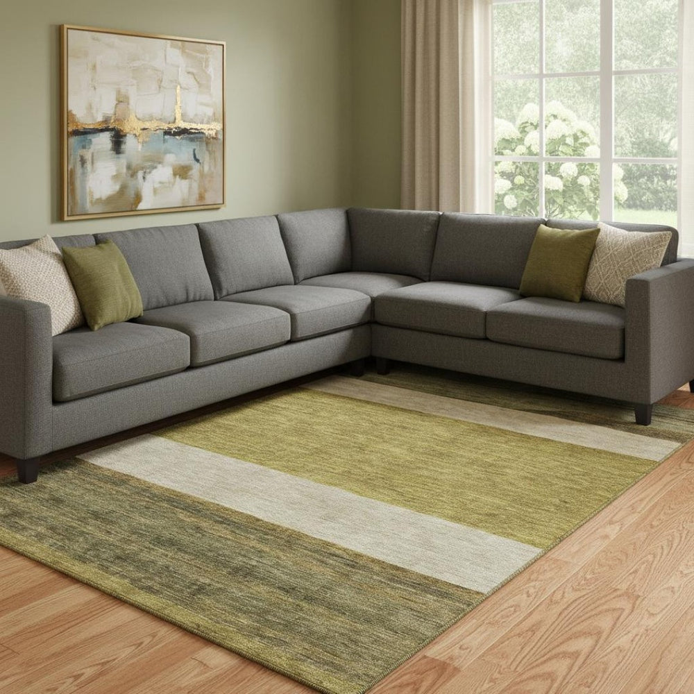 HomeRoots 8' X 10' Gold, Ivory & Gray Striped Area Rug - Washable, Stain Resistant, UV Protected & Non-Slip! 695106