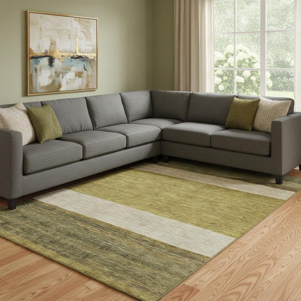 HomeRoots 8' X 10' Gold, Ivory & Gray Striped Area Rug - Washable, Stain Resistant, UV Protected & Non-Slip! 695106