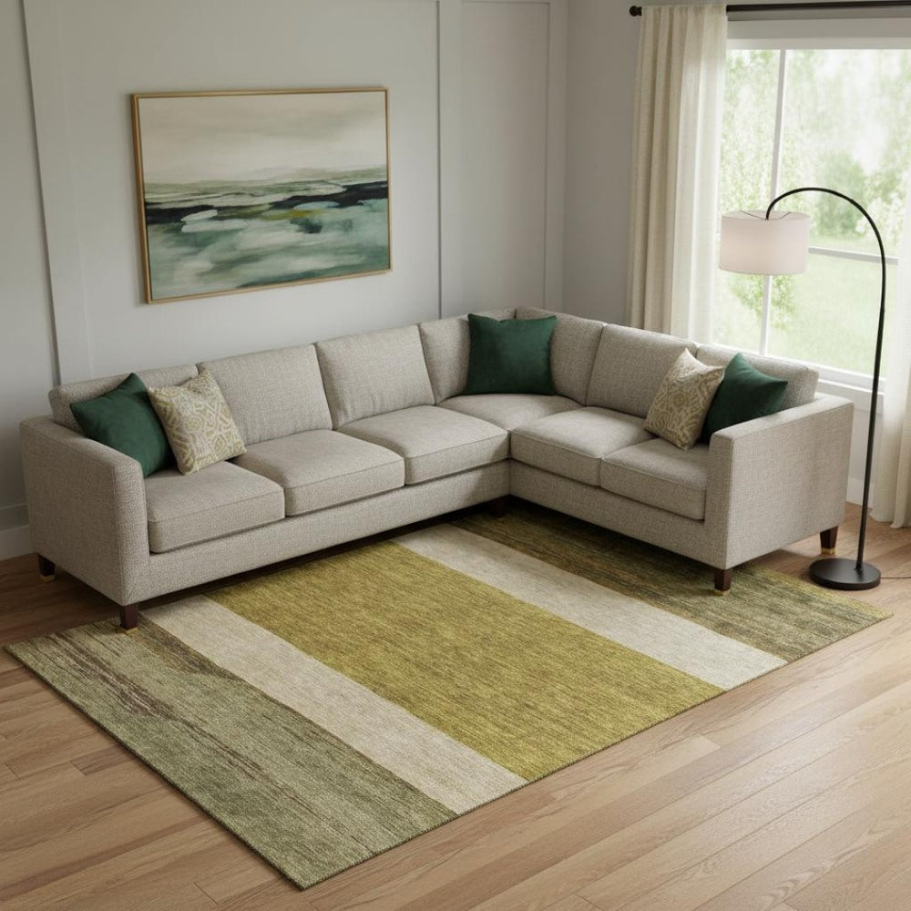 HomeRoots 9' X 12' Stylish Gold Ivory Gray Striped Area Rug – Washable, UV Protected, Non-Slip, Durable Design 695107