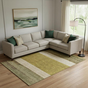 HomeRoots 9' X 12' Stylish Gold Ivory Gray Striped Area Rug – Washable, UV Protected, Non-Slip, Durable Design 695107
