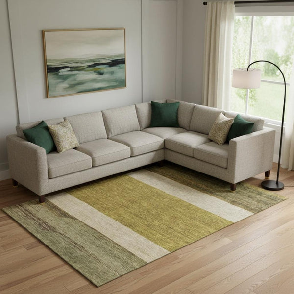 HomeRoots 9' X 12' Stylish Gold Ivory Gray Striped Area Rug – Washable, UV Protected, Non-Slip, Durable Design 695107