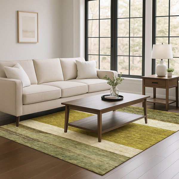 HomeRoots 9' X 12' Stylish Gold Ivory Gray Striped Area Rug – Washable, UV Protected, Non-Slip, Durable Design 695107