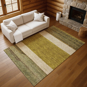 HomeRoots 9' X 12' Stylish Gold Ivory Gray Striped Area Rug – Washable, UV Protected, Non-Slip, Durable Design 695107