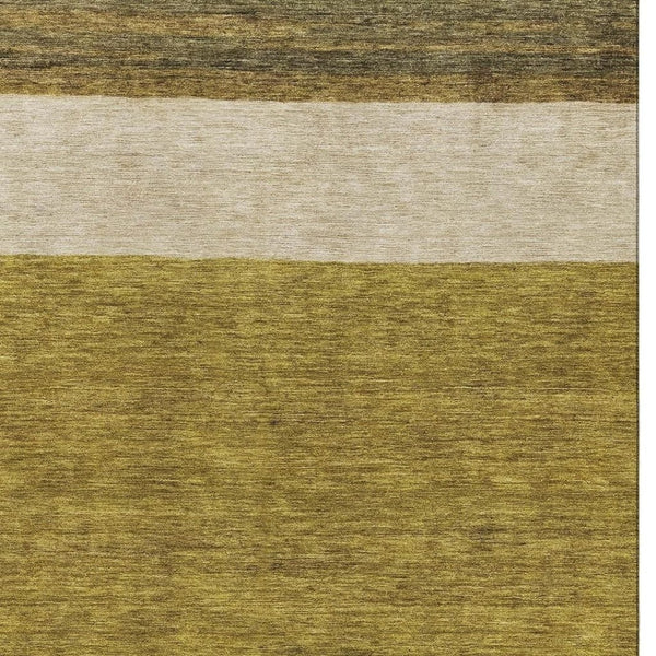 HomeRoots 9' X 12' Stylish Gold Ivory Gray Striped Area Rug – Washable, UV Protected, Non-Slip, Durable Design 695107