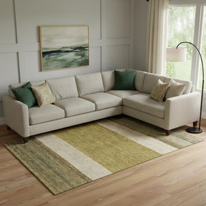 HomeRoots 10' X 14' Washable Area Rug in Gold, Ivory & Gray Stripes – UV Protected, Stain Resistant, Durable Design 695108