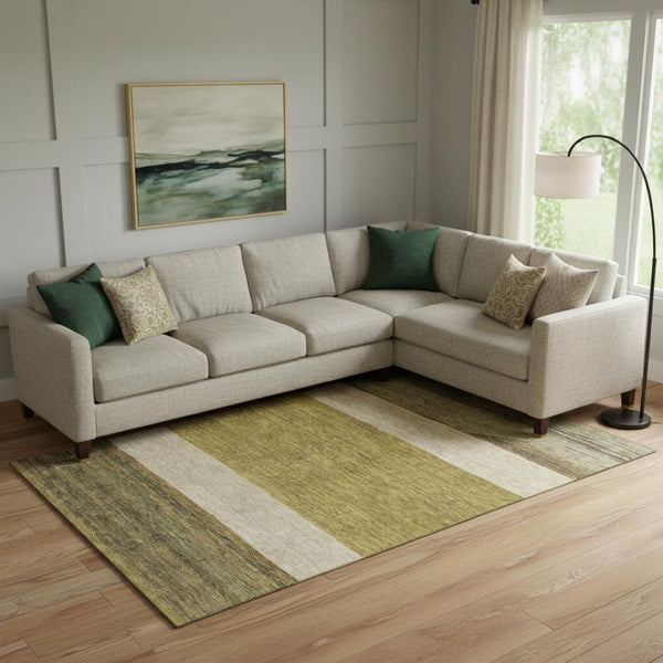 HomeRoots 10' X 14' Washable Area Rug in Gold, Ivory & Gray Stripes – UV Protected, Stain Resistant, Durable Design 695108