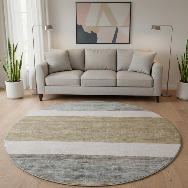 HomeRoots 8' Coffee Ivory And Taupe Striped Round Rug – Washable, UV-Protected, Stylish for Homes & Patios 695111