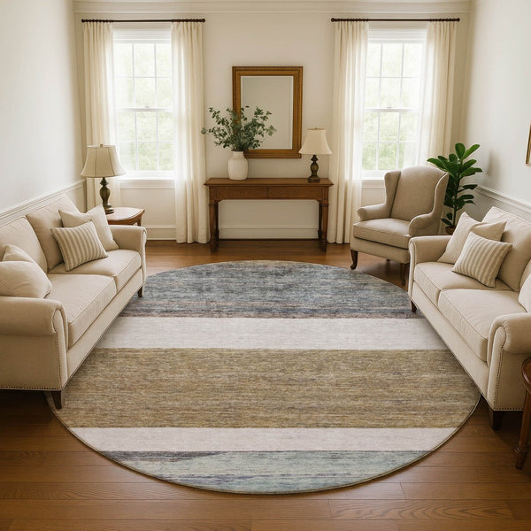 HomeRoots 8' Coffee Ivory And Taupe Striped Round Rug – Washable, UV-Protected, Stylish for Homes & Patios 695111