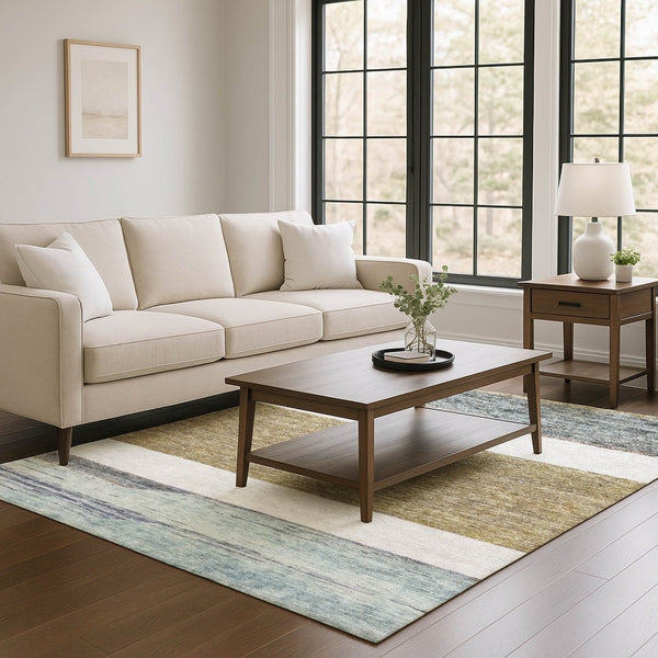 HomeRoots 9' X 12' Stylish Coffee and Ivory Striped Washable Area Rug with UV Protection for Family Homes 695113