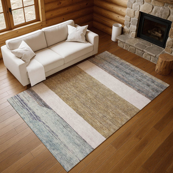 HomeRoots 10' X 14' Striped Area Rug in Coffee, Ivory & Taupe - Durable, Washable & UV Protected for Homes 695114