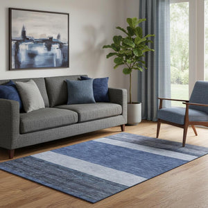 HomeRoots 5' X 8' Navy Blue Ivory and Gray Striped Washable Area Rug - Durable, Stain-Resistant, UV Protected! 695116