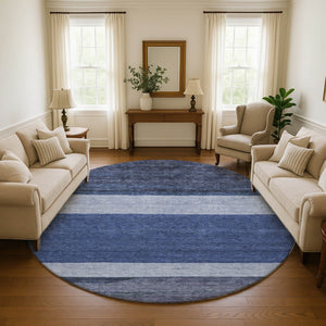 HomeRoots 8' Stylish Navy Blue, Ivory & Gray Striped Washable Round Rug – Durable, UV Protected & Easy Care! 695117