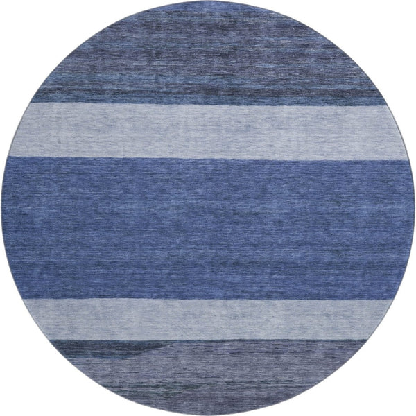 HomeRoots 8' Stylish Navy Blue, Ivory & Gray Striped Washable Round Rug – Durable, UV Protected & Easy Care! 695117