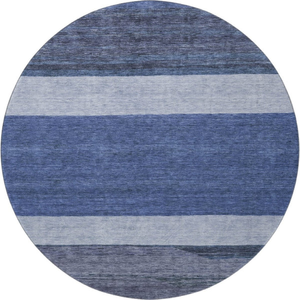 HomeRoots 8' Stylish Navy Blue, Ivory & Gray Striped Washable Round Rug – Durable, UV Protected & Easy Care! 695117