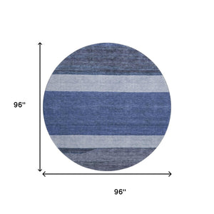 HomeRoots 8' Stylish Navy Blue, Ivory & Gray Striped Washable Round Rug – Durable, UV Protected & Easy Care! 695117