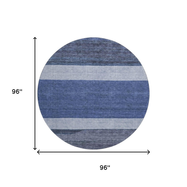 HomeRoots 8' Stylish Navy Blue, Ivory & Gray Striped Washable Round Rug – Durable, UV Protected & Easy Care! 695117