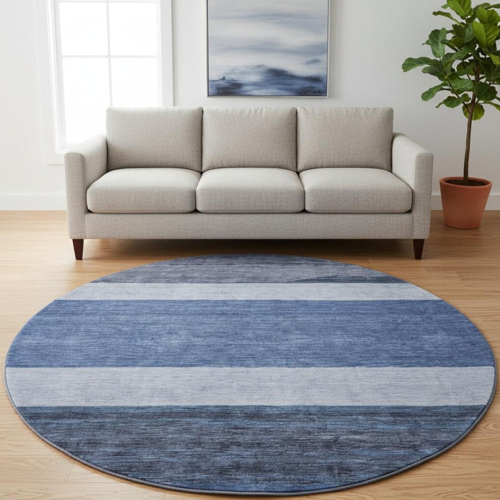 HomeRoots 8' Stylish Navy Blue, Ivory & Gray Striped Washable Round Rug – Durable, UV Protected & Easy Care! 695117