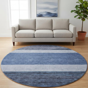 HomeRoots 8' Stylish Navy Blue, Ivory & Gray Striped Washable Round Rug – Durable, UV Protected & Easy Care! 695117