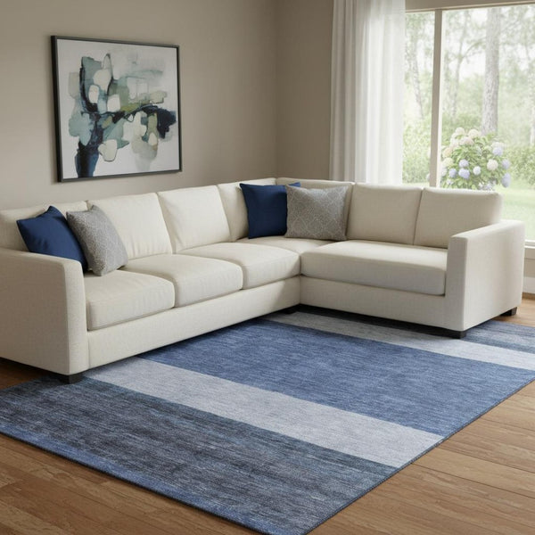 HomeRoots 8' X 10' Navy Blue Ivory Gray Striped Washable Area Rug - Durable, Stylish, UV Protected Design! 695118