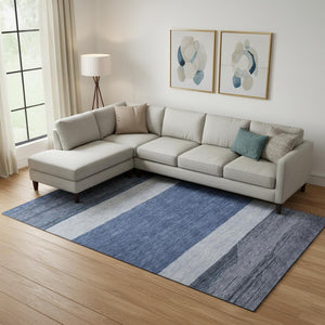 HomeRoots 9' X 12' Navy Blue Ivory & Gray Striped Area Rug – Washable, UV-Protected, Pet-Friendly Design! 695119