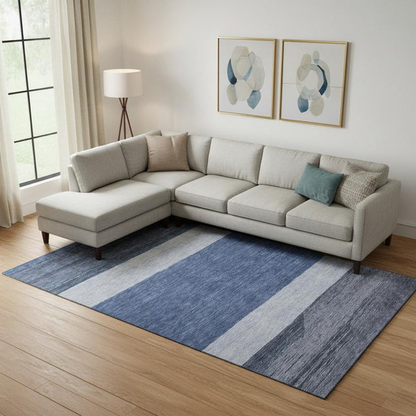 HomeRoots 9' X 12' Navy Blue Ivory & Gray Striped Area Rug – Washable, UV-Protected, Pet-Friendly Design! 695119