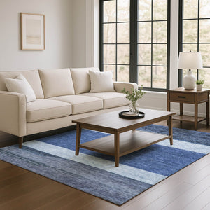 HomeRoots 9' X 12' Navy Blue Ivory & Gray Striped Area Rug – Washable, UV-Protected, Pet-Friendly Design! 695119