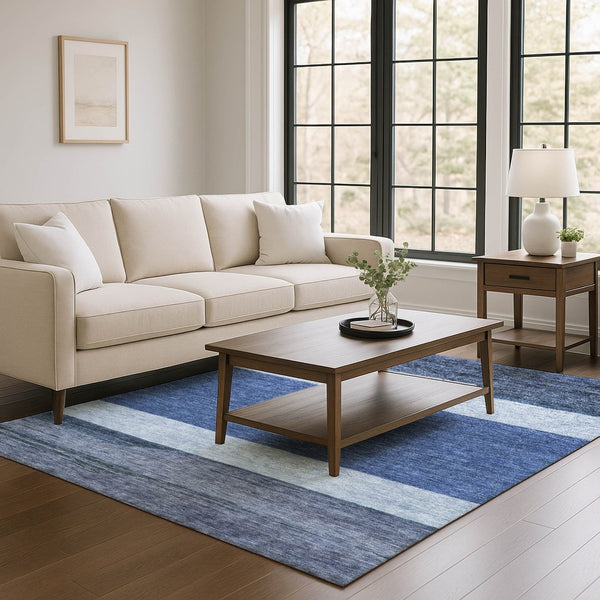 HomeRoots 9' X 12' Navy Blue Ivory & Gray Striped Area Rug – Washable, UV-Protected, Pet-Friendly Design! 695119