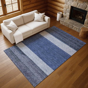 HomeRoots 9' X 12' Navy Blue Ivory & Gray Striped Area Rug – Washable, UV-Protected, Pet-Friendly Design! 695119