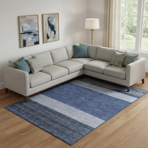 HomeRoots 10' Navy Blue, Ivory & Gray Striped Washable Area Rug - UV Protected, Durable & Stylish for Any Room 695120