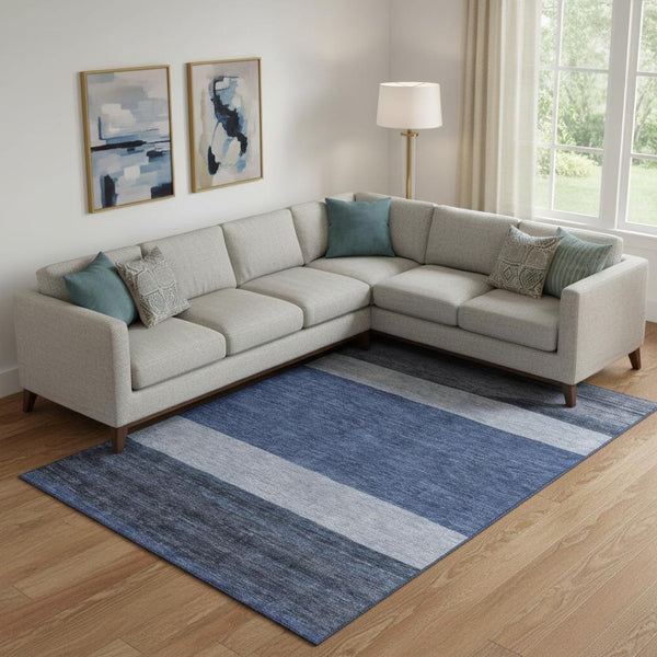 HomeRoots 10' Navy Blue, Ivory & Gray Striped Washable Area Rug - UV Protected, Durable & Stylish for Any Room 695120