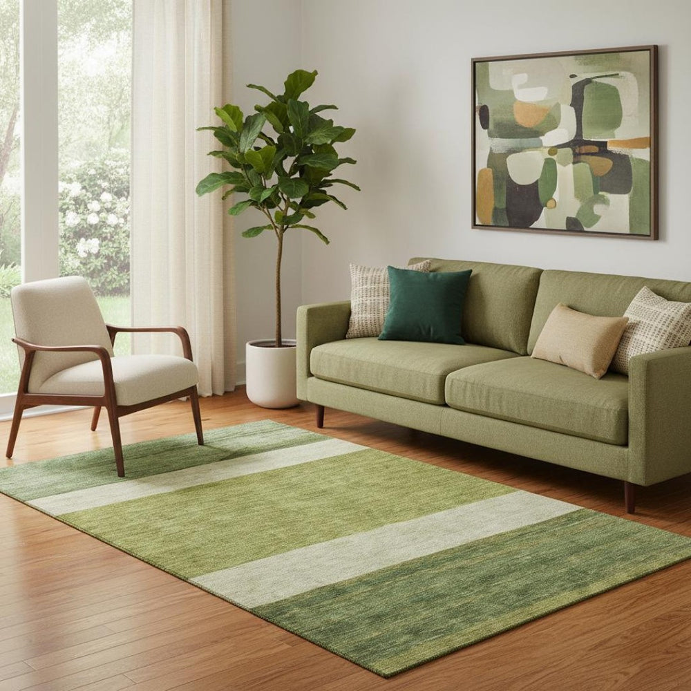 HomeRoots 5' X 8' Olive Green Striped Area Rug - Washable, UV Protected, Stylish, Durable for Family Spaces 695122