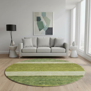 HomeRoots 8' Olive Green and Ivory Striped Round Rug - Washable, UV Protected, Non-Slip for Busy Homes 695123