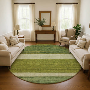 HomeRoots 8' Olive Green and Ivory Striped Round Rug - Washable, UV Protected, Non-Slip for Busy Homes 695123