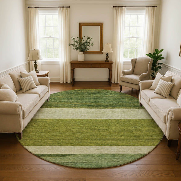 HomeRoots 8' Olive Green and Ivory Striped Round Rug - Washable, UV Protected, Non-Slip for Busy Homes 695123