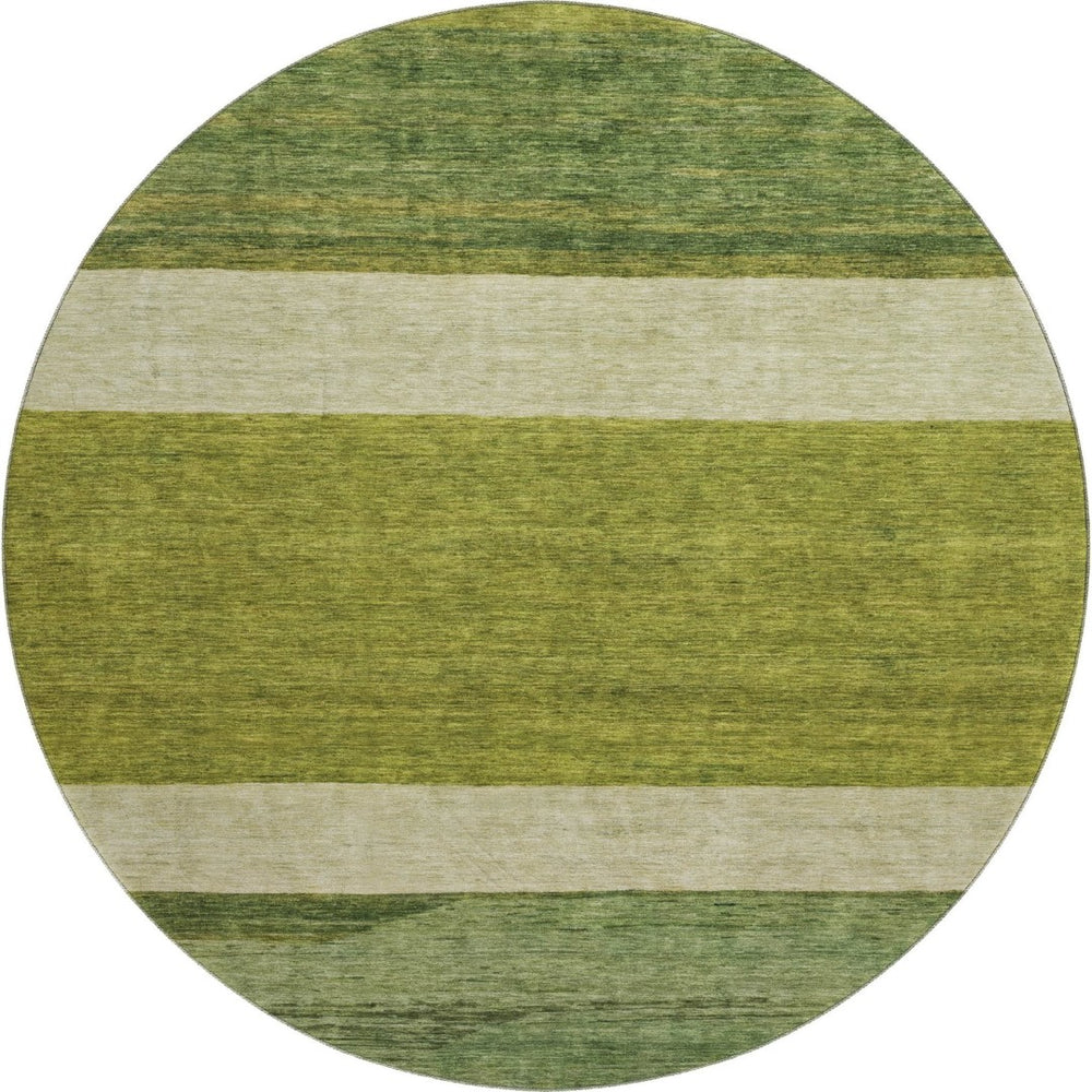 HomeRoots 8' Olive Green and Ivory Striped Round Rug - Washable, UV Protected, Non-Slip for Busy Homes 695123