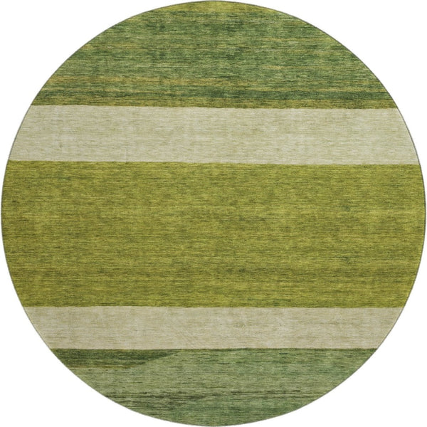 HomeRoots 8' Olive Green and Ivory Striped Round Rug - Washable, UV Protected, Non-Slip for Busy Homes 695123