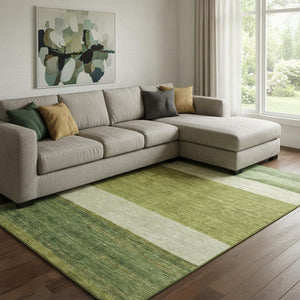 HomeRoots 8' x 10' Olive Green & Ivory Striped Washable Area Rug with UV Protection for High-Traffic Spaces 695124