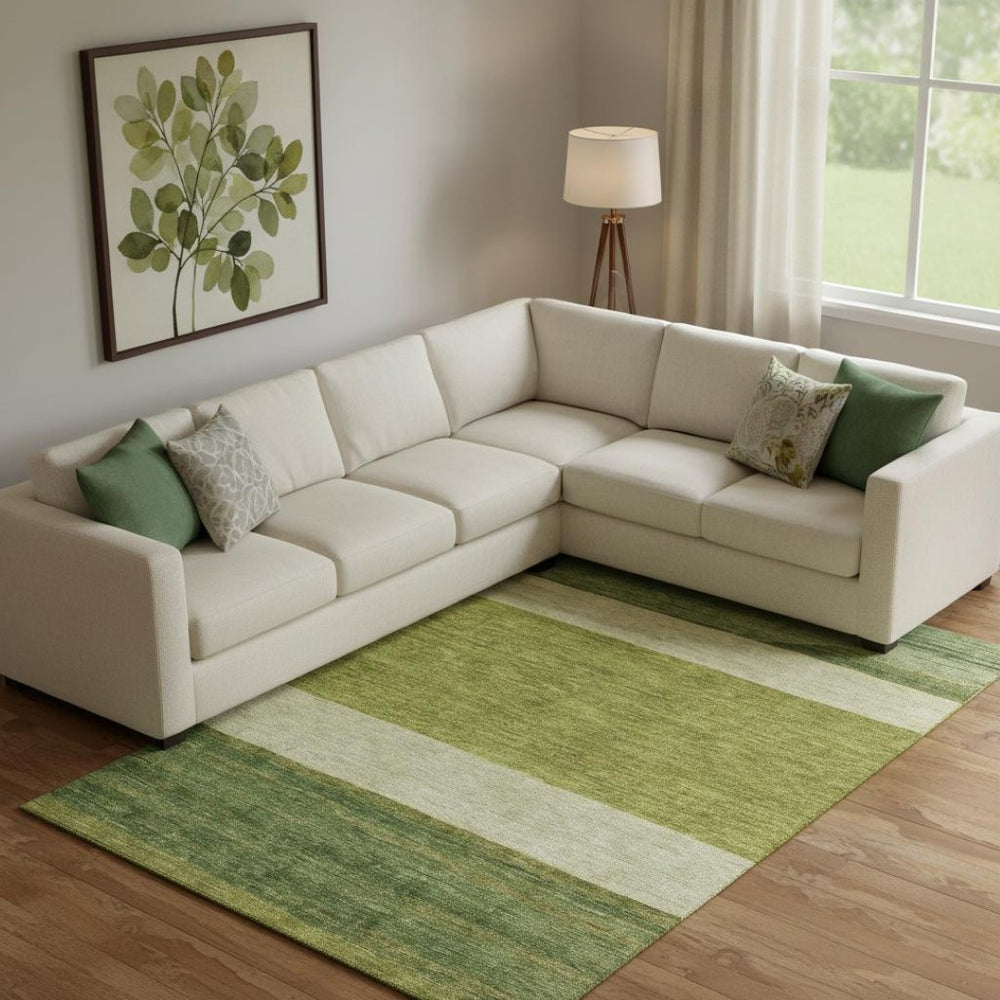 HomeRoots 9' X 12' Olive Green and Ivory Striped Washable Area Rug with UV Protection for Indoor/Outdoor Use 695125