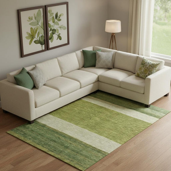 HomeRoots 10' X 14' Olive Green & Ivory Striped Area Rug - Washable, Stain-Resistant, UV Protected for Durability 695126