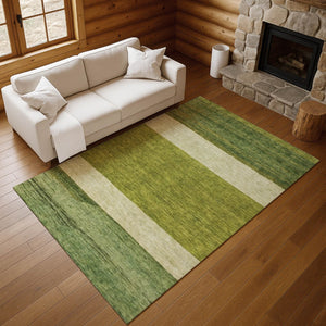 HomeRoots 10' X 14' Olive Green & Ivory Striped Area Rug - Washable, Stain-Resistant, UV Protected for Durability 695126