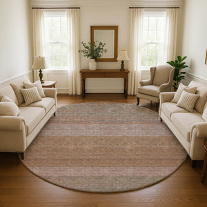 HomeRoots 8' Salmon Rust and Gray Striped Washable Round Rug - Durable, UV Protected, Stain Resistant Beauty 695129