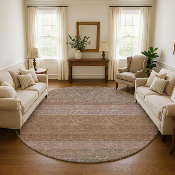 HomeRoots 8' Salmon Rust and Gray Striped Washable Round Rug - Durable, UV Protected, Stain Resistant Beauty 695129