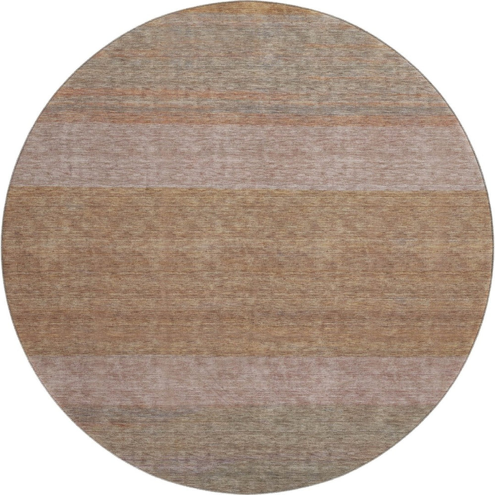 HomeRoots 8' Salmon Rust and Gray Striped Washable Round Rug - Durable, UV Protected, Stain Resistant Beauty 695129