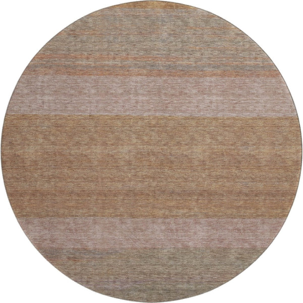 HomeRoots 8' Salmon Rust and Gray Striped Washable Round Rug - Durable, UV Protected, Stain Resistant Beauty 695129