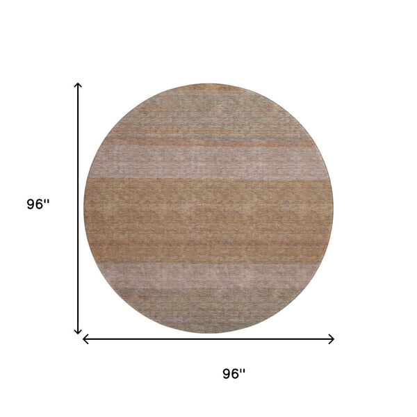 HomeRoots 8' Salmon Rust and Gray Striped Washable Round Rug - Durable, UV Protected, Stain Resistant Beauty 695129