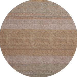 HomeRoots 8' Salmon Rust and Gray Striped Washable Round Rug - Durable, UV Protected, Stain Resistant Beauty 695129
