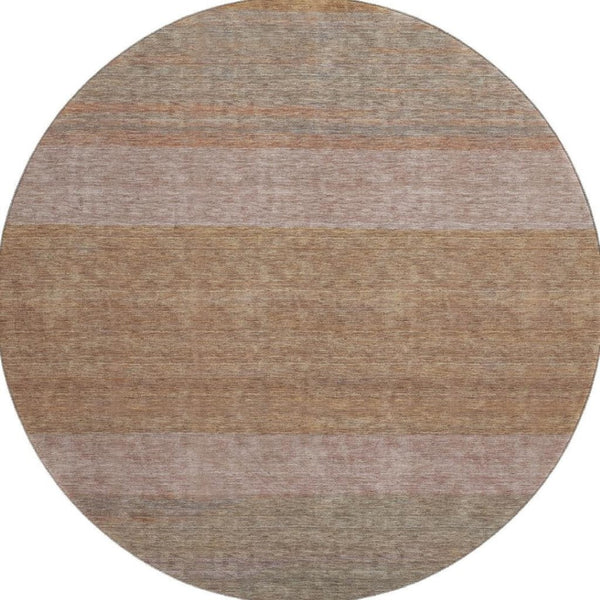 HomeRoots 8' Salmon Rust and Gray Striped Washable Round Rug - Durable, UV Protected, Stain Resistant Beauty 695129
