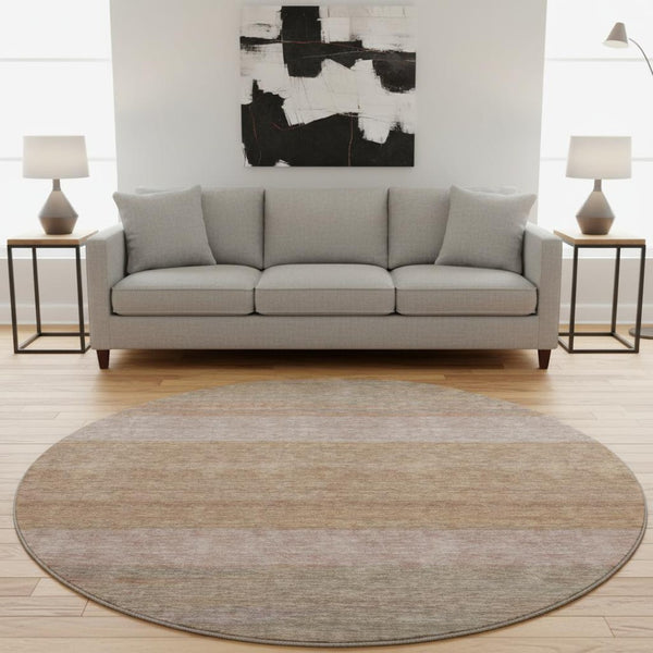 HomeRoots 8' Salmon Rust and Gray Striped Washable Round Rug - Durable, UV Protected, Stain Resistant Beauty 695129